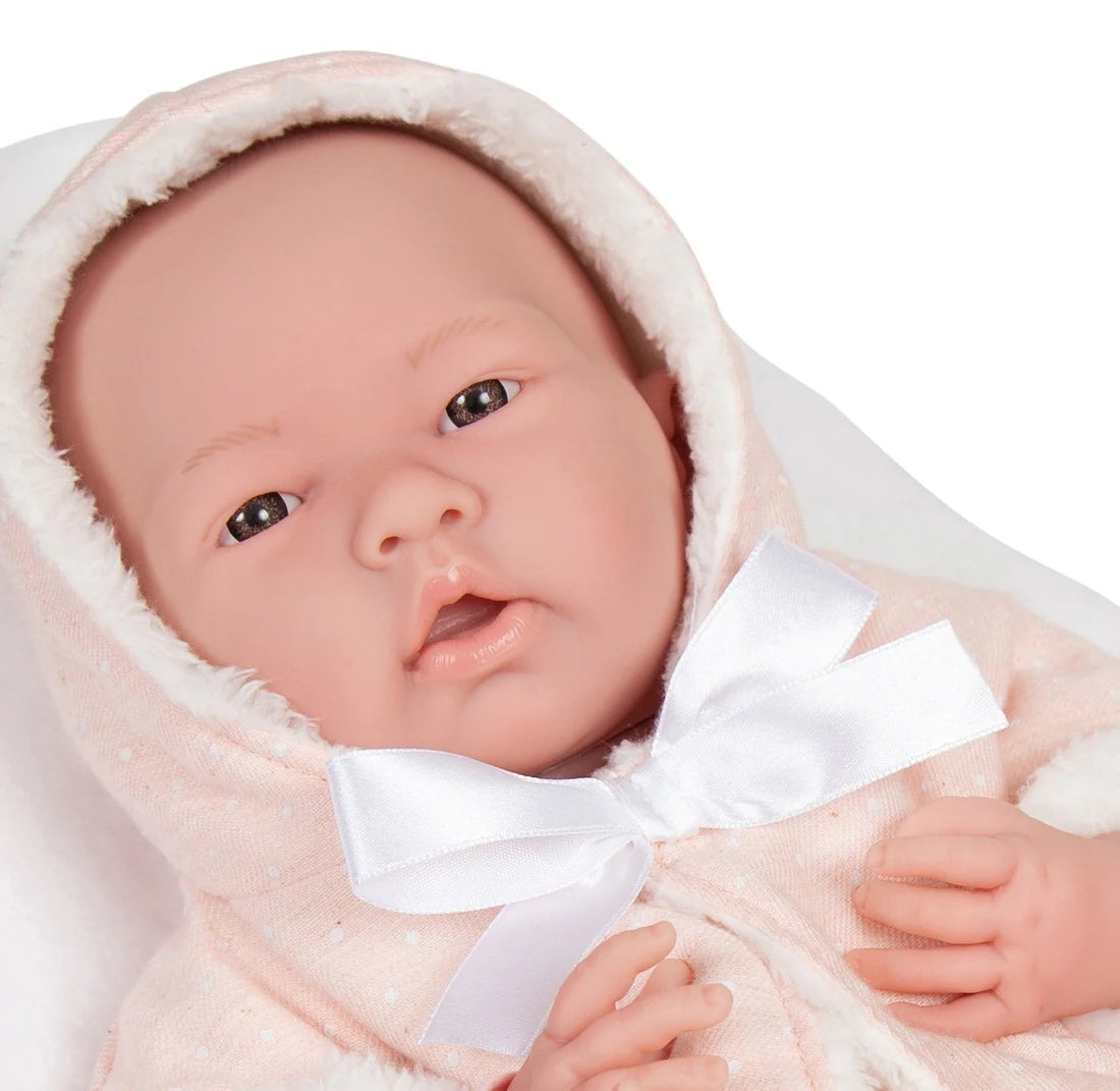 Original Handcrafted in Spain La Newborn Doll in Pink Coat and Outfit with Teddy Bear