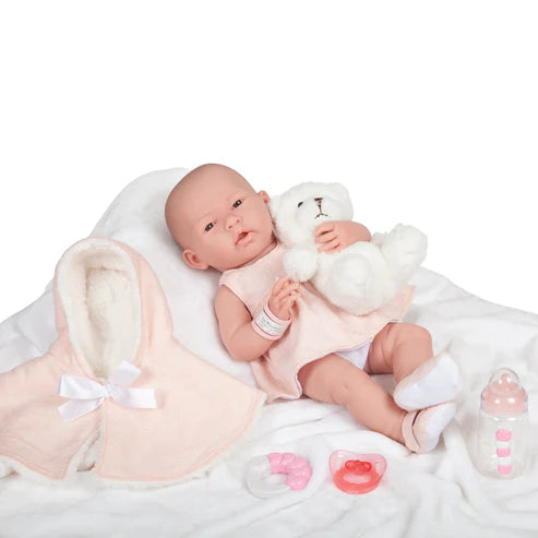 Original Handcrafted in Spain La Newborn Doll in Pink Coat and Outfit with Teddy Bear