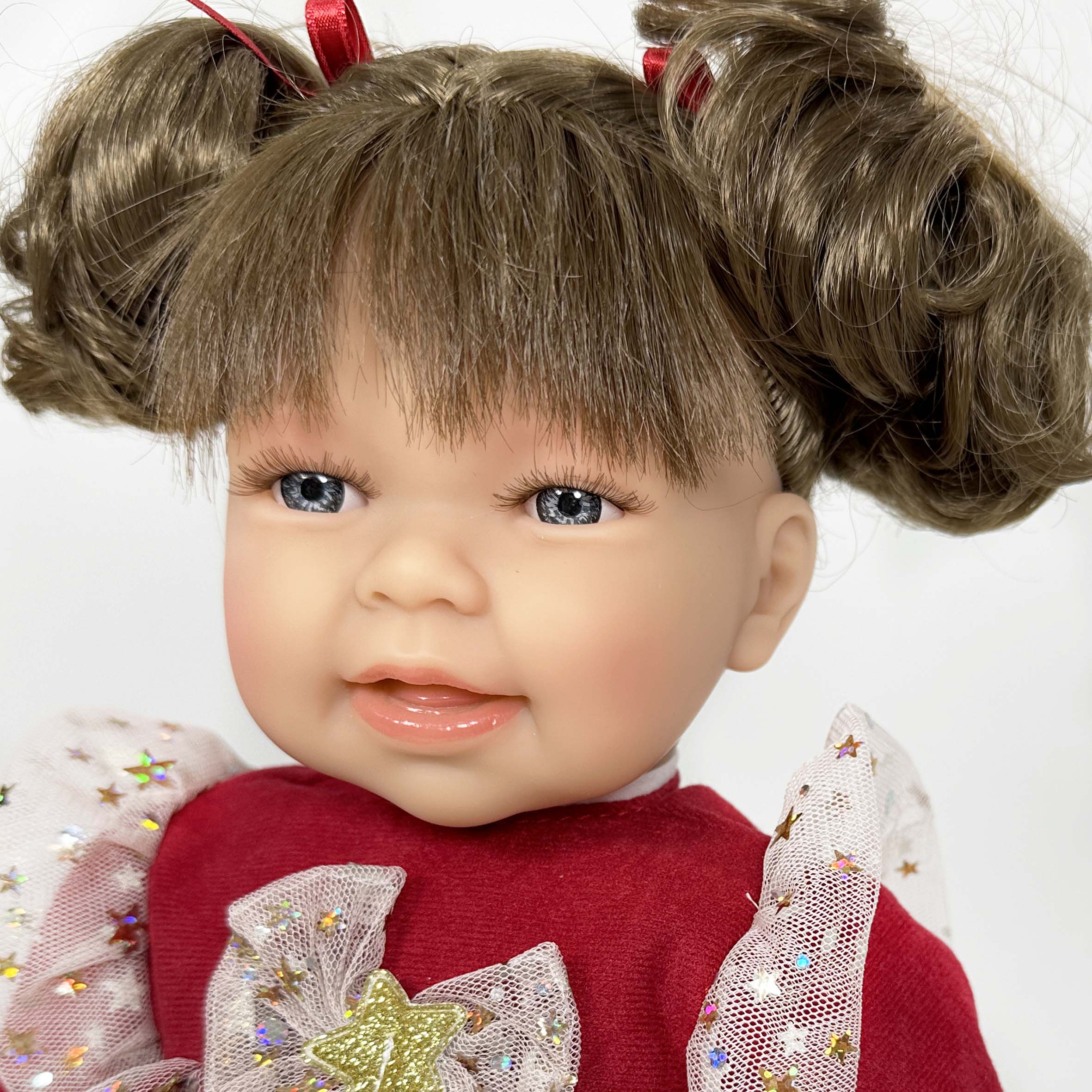 Handcrafted Little Susi Christmas Doll Brunette Red Dress by Nines D&