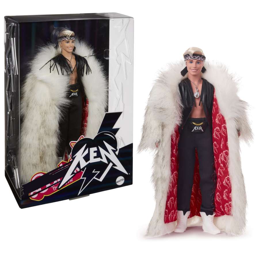 Barbie the Movie Collectible Ken Doll Wearing Faux Fur Coat And Black Fringe Vest