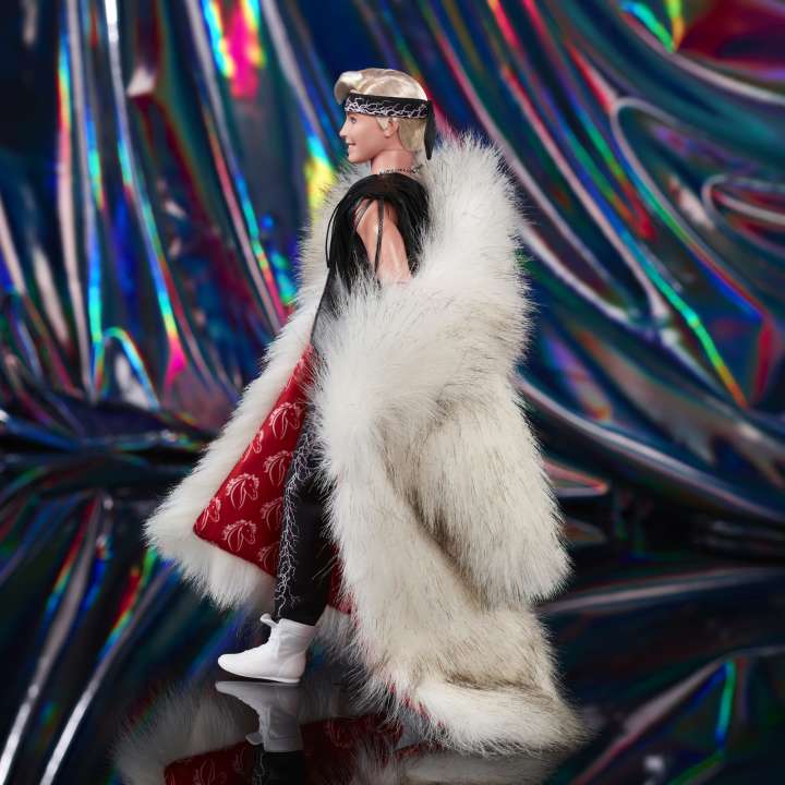 Barbie the Movie Collectible Ken Doll Wearing Faux Fur Coat And Black Fringe Vest