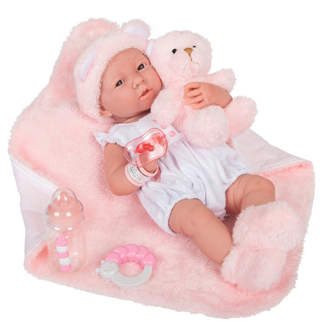 Original Handcrafted in Spain La Newborn Baby Doll in White with Teddy Bear and Accessories