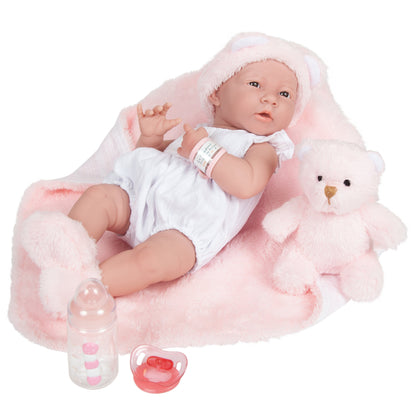 La Newborn Baby Doll in White with Teddy Bear and Accessories