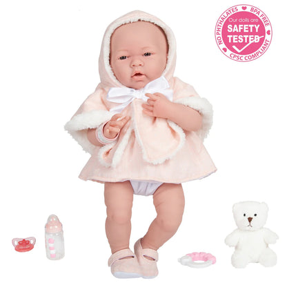 La Newborn Doll in Pink Coat and Outfit with Teddy Bear