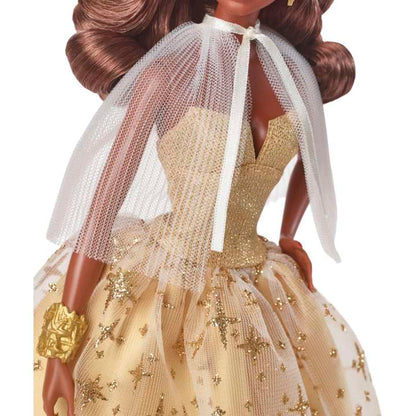 Holiday 2023 Barbie Doll, Seasonal Collector Gift, Golden Gown And Dark Brown Hair
